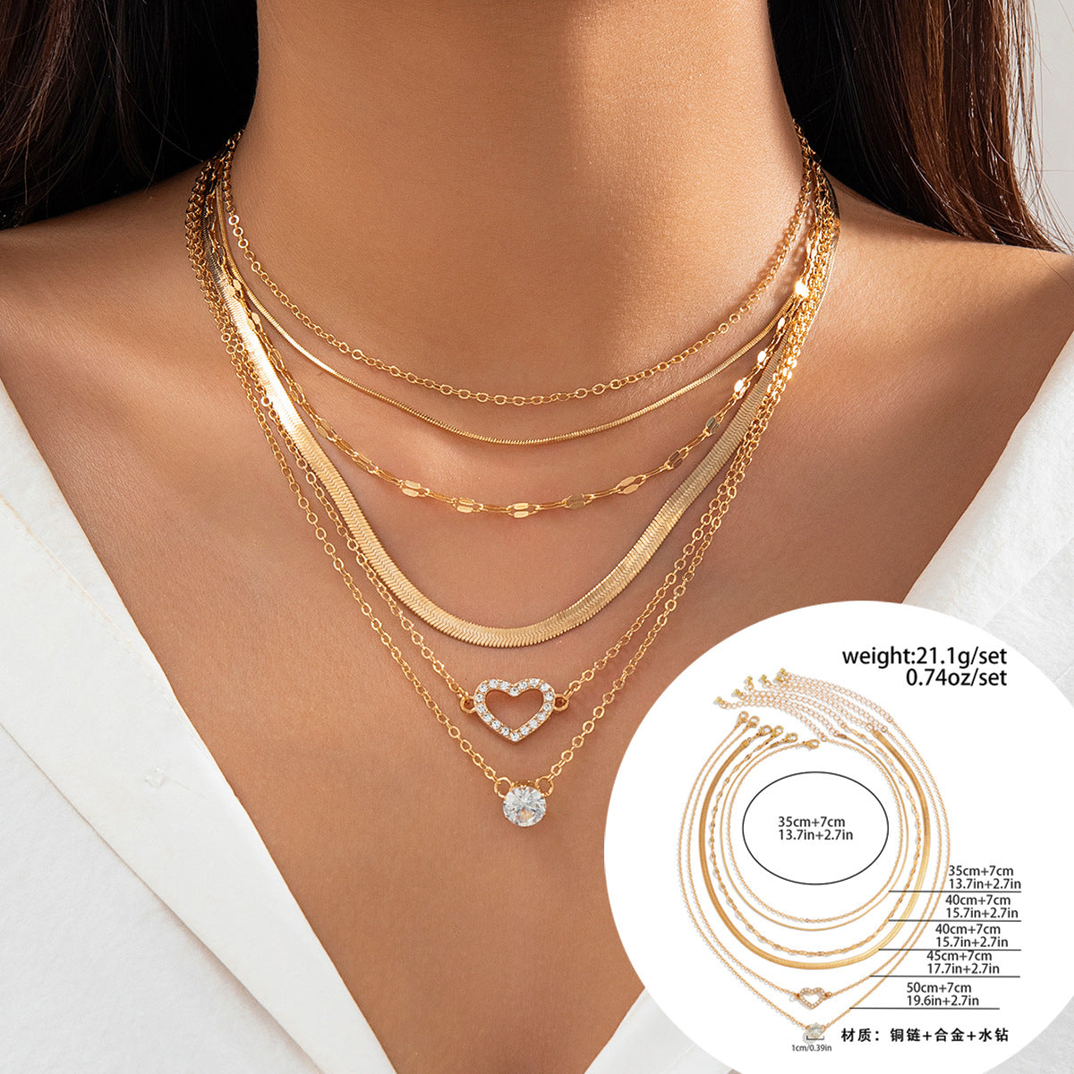 Wholesale Snake bone chain contrasting diamond multi-layer heart-shaped necklace